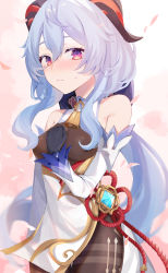 Rule 34 | 1girl, absurdres, ao (user ctez2482), bare shoulders, bell, blue gloves, blue hair, blush, breasts, chinese knot, detached sleeves, flower knot, ganyu (genshin impact), genshin impact, gloves, gold trim, hand on own chest, highres, horns, long hair, looking at viewer, medium breasts, neck bell, nose blush, petals, purple eyes, sidelocks, solo, standing, sweatdrop, thigh gap, thighlet, vision (genshin impact), wavy mouth, white sleeves