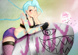 Rule 34 | 1girl, blue hair, jinx (league of legends), league of legends, midriff, mifenami, one eye closed, red eyes, tattoo, thighhighs, twintails, wink