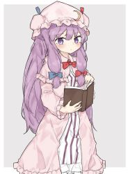 Rule 34 | 1girl, absurdres, bad id, bad pixiv id, blue bow, blue ribbon, blush, book, border, bow, bowtie, capelet, commentary request, crescent, crescent hair ornament, dress, frilled capelet, frilled sleeves, frills, grey background, hair between eyes, hair bow, hair ornament, hat, hat ribbon, highres, holding, holding book, long hair, long sleeves, looking at viewer, mob cap, outside border, patchouli knowledge, pink capelet, pink dress, pink hat, purple eyes, purple hair, red bow, red ribbon, ribbon, sidelocks, simple background, solo, standing, striped clothes, striped dress, subaritsuku, touhou, vertical-striped clothes, vertical-striped dress, very long hair, white border, wide sleeves