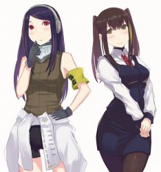 Rule 34 | 2girls, alternate hairstyle, armband, asakiri koko, bandana, bartender, blush, brown hair, clothes around waist, commentary request, cosplay, costume switch, crossover, girls&#039; frontline, gloves, green eyes, hairstyle switch, headphones, jacket, jacket around waist, jill stingray, jill stingray (cosplay), long hair, m4a1 (girls&#039; frontline) (cosplay), m4a1 (girls&#039; frontline), multiple girls, necktie, pantyhose, pencil skirt, purple hair, red eyes, shorts, skirt, sleeveless, smile, twintails, va-11 hall-a