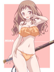Rule 34 | 1girl, bare shoulders, bikini, breasts, brown eyes, brown hair, cleavage, cleft of venus, commentary request, cowboy shot, dated, frilled bikini, frills, groin, highres, holding, holding behind back, holding sword, holding weapon, katana, kikuchi tsutomu, large breasts, looking at viewer, navel, open mouth, orange bikini, original, pink background, sheath, sheathed, side-tie bikini bottom, smile, solo, standing, strapless, strapless bikini, string bikini, swimsuit, sword, weapon