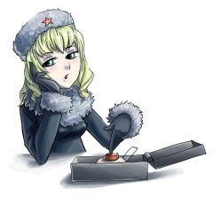 Rule 34 | blonde hair, blue eyes, blush, colored skin, drill hair, fur, gloves, hat, launch, open mouth, personification, red button, russia, russia-onee-sama, star (symbol), white skin