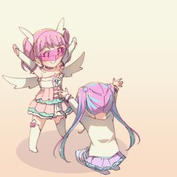 Rule 34 | &gt;:), 2girls, \o/, arms up, ayasaka, bang dream!, blue hair, choker, commentary request, detached sleeves, dress, gradient background, hair bobbles, hair ornament, head wings, jacket, long hair, maruyama aya, multicolored hair, multiple girls, nyubara reona, outstretched arms, pink-tinted eyewear, pink choker, pink hair, purple skirt, seiza, sitting, skirt, standing, tan background, thighhighs, tinted eyewear, twintails, two-tone hair, v-shaped eyebrows, visor, white jacket, white legwear, white wings, wings