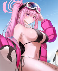 Rule 34 | 1girl, absurdres, animal, bikini, bird, black bikini, blue archive, blush, breasts, closed mouth, eimi (blue archive), eimi (swimsuit) (blue archive), gangbyeon, goggles, goggles on head, halo, highres, jacket, large breasts, long hair, long sleeves, navel, official alternate costume, official alternate hairstyle, open clothes, open jacket, penguin, pink eyes, pink hair, pink halo, pink jacket, ponytail, solo, swimsuit, very long hair