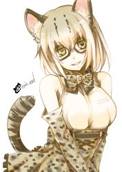 Rule 34 | 10s, 1girl, animal ears, bad id, bad pixiv id, bow, bowtie, cat ears, cat tail, commentary request, fang, glasses, gloves, japari symbol, kemono friends, margay (kemono friends), margay ears, margay tail, sketch, sleeveless, solo, spotted hair, tail, takelu, twitter username