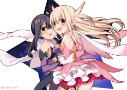 Rule 34 | 2girls, :d, bare shoulders, black hair, blonde hair, blush, breasts, cape, commentary, detached sleeves, elbow gloves, eyes visible through hair, fate/kaleid liner prisma illya, fate (series), gloves, hair between eyes, hair ornament, highres, holding hands, illyasviel von einzbern, interlocked fingers, long hair, magical girl, miyu edelfelt, morokoshi (tekku), multiple girls, open mouth, red eyes, simple background, sleeveless, small breasts, smile, teeth, twitter username, two side up, upper teeth only, white background, white gloves, x hair ornament, yellow eyes