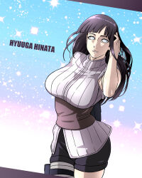 Rule 34 | 1girl, absurdres, bare shoulders, black hair, breasts, female focus, highres, hyuuga hinata, kunoichi, large breasts, long hair, looking at viewer, naruto (series), pale skin, shorts, smile, solo, thick thighs, thighs, turtleneck, uniform, white eyes