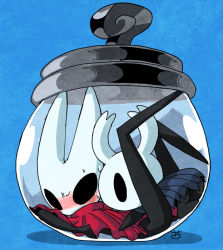 Rule 34 | 1girl, 1other, bad id, bad pixiv id, blue background, blush, cloak, cramped, embarrassed, hollow eyes, hollow knight, hornet (hollow knight), horns, in container, knight (hollow knight), looking at another, lying, red cloak, sachy (sachichy), signature, simple background, sitting, sweatdrop