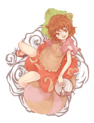 Rule 34 | 1girl, animal ears, bell, brown eyes, brown hair, from above, futatsuiwa mamizou, glasses, gourd, hat, jingle bell, leaf, leaf on head, ma nyan (nyao mao nyao), open mouth, raccoon ears, raccoon tail, sandals, short hair, skirt, smile, tail, touhou