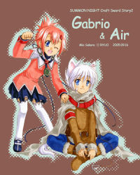 Rule 34 | 1boy, 1girl, air colthearts, animal ears, belt, blue eyes, character name, collar, copyright name, dated, dog ears, dog tail, gabrio, hair ornament, hairclip, jewelry, leash, mio sakura, necklace, one eye closed, pink hair, sakura mio (vent), sitting, skirt, summon night, summon night swordcraft story 2, tail, thighhighs, white hair, white thighhighs, wink