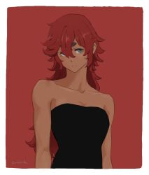Rule 34 | 0321smith, 1girl, black dress, closed mouth, collarbone, commentary, dark-skinned female, dark skin, dress, green eyes, gundam, gundam suisei no majo, long hair, looking at viewer, red background, red hair, signature, simple background, solo, strapless, strapless dress, suletta mercury, thick eyebrows, upper body