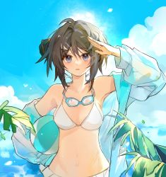 Rule 34 | 1girl, arknights, arm up, ball, bare shoulders, beachball, bikini, black hair, blue eyes, blue jacket, blue sky, breasts, cloud, day, goggles, goggles around neck, highres, jacket, la pluma (arknights), la pluma (summer flowers) (arknights), laidiangalifan, medium breasts, off shoulder, official alternate costume, open clothes, open jacket, outdoors, parted lips, short hair, sky, solo, stomach, swimsuit, upper body, white bikini