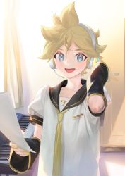 Rule 34 | 1boy, arm warmers, bass clef, black collar, blonde hair, blue eyes, collar, commentary, copyright name, curtains, door, door handle, hand on headphones, headphones, holding, holding paper, instrument, kagamine len, keyboard (instrument), looking at viewer, male focus, nail polish, naoko (naonocoto), necktie, open mouth, paper, sailor collar, school uniform, shirt, short ponytail, short sleeves, sidelighting, smile, solo, spiked hair, upper body, vocaloid, white shirt, window, yellow nails, yellow necktie