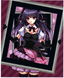 Rule 34 | 1girl, absurdres, black thighhighs, bow, detached collar, dress, elbow gloves, frilled dress, frills, gloves, hair bow, hair ornament, highres, long hair, looking at viewer, misaki kurehito, original, picture frame, polka dot, purple eyes, purple hair, scan, skirt, smile, solo, thighhighs