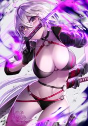Rule 34 | 1girl, ahoge, bad id, bad pixiv id, bikini, black bikini, black choker, black jacket, breasts, choker, cleavage, commentary request, cowboy shot, cropped jacket, fate/grand order, fate (series), gendo0032, gloves, hair between eyes, highres, holding, jacket, jeanne d&#039;arc alter (swimsuit berserker) (fate), jeanne d&#039;arc (fate), jeanne d&#039;arc alter (fate), jeanne d&#039;arc alter (swimsuit berserker) (fate), katana, large breasts, long hair, multicolored background, navel, o-ring, o-ring bikini, o-ring bottom, o-ring top, red thighhighs, silver hair, single thighhigh, skindentation, solo, swimsuit, sword, thigh strap, thighhighs, weapon, yellow eyes