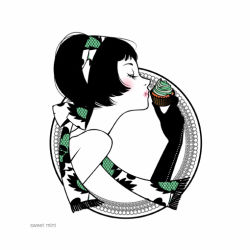 Rule 34 | 1girl, bad id, bad pixiv id, bare shoulders, black hair, blush, bob cut, circle, closed eyes, cupcake, food, gloves, lipstick, makeup, mihoshi, monochrome, short hair, simple background, solo, spot color, upper body, white background