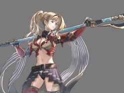 Rule 34 | 1girl, absurdres, armor, belt, belt buckle, bikini armor, black hairband, black panties, black skirt, blonde hair, blue eyes, braid, brown belt, buckle, chest guard, closed mouth, gauntlets, granblue fantasy, grey background, hair intakes, hairband, highres, holding, holding polearm, holding weapon, kaizu yuto, long hair, looking to the side, midriff, navel, panties, pantyshot, pleated skirt, polearm, polearm behind back, red armor, red thighhighs, shawl, simple background, skirt, smile, solo, spear, thighhighs, twintails, underwear, weapon, zeta (granblue fantasy)