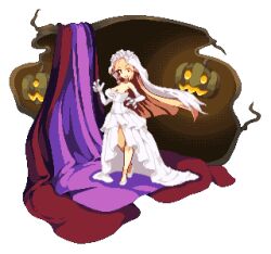 Rule 34 | 1girl, blonde hair, breasts, bridal veil, brooklyn (kancolle), cleavage, dress, elbow gloves, flower, gloves, halloween, jack-o&#039;-lantern, kantai collection, large breasts, long hair, lowres, official alternate costume, open mouth, pixel art, red eyes, solo, standing, veil, very long hair, warabin (suteki denpun), wedding dress, white dress, white flower, white footwear