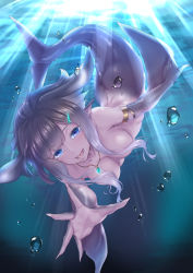 Rule 34 | 1girl, :d, animal ears, armlet, ass, blue eyes, breasts, bubble, completely nude, dappled sunlight, fins, hair censor, hair over breasts, highres, jewelry, kurofude anna, looking at viewer, medium breasts, mermaid, monster girl, necklace, nude, open mouth, original, pointy ears, short hair with long locks, silver hair, skinny dipping, smile, solo, submerged, sunlight, swimming, underwater, water, webbed hands