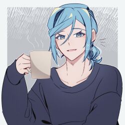 Rule 34 | 1boy, aqua eyes, aqua hair, border, commentary request, creatures (company), cup, eyelashes, game freak, grey background, grusha (pokemon), hand up, highres, holding, holding cup, long sleeves, looking at viewer, loose hair strand, male focus, medium hair, mocacoffee 1001, mug, nintendo, open mouth, outside border, pokemon, pokemon sv, shirt, signature, sleeves past wrists, smile, solo, upper body, white border