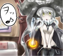 Rule 34 | 10s, 1girl, abyssal ship, black gloves, bodysuit, gloves, kantai collection, long hair, music, musical note, personification, quaver, rinrin (927413), silver hair, singing, solo, speech bubble, spoken musical note, staff, teeth, tentacles, translated, wo-class aircraft carrier, yellow eyes
