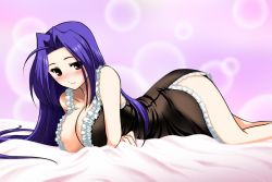Rule 34 | 1girl, bed, blue hair, blush, breast hold, breasts, cleavage, curvy, female focus, huge breasts, idolmaster, idolmaster (classic), large breasts, long hair, lying, miura azusa, nightgown, on stomach, red eyes, smile, solo, ttomoki tomonori