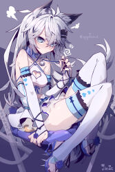 Rule 34 | 1girl, absurdres, alternate costume, animal collar, animal ears, arknights, bare shoulders, bell, belt collar, black nails, blue collar, blue eyes, blue flower, blue footwear, blue rose, blush, breasts, bridal gauntlets, bridal legwear, character name, chinese commentary, cleavage, cleavage cutout, closed mouth, clothing cutout, collar, collarbone, commentary request, dress, elbow gloves, eyes visible through hair, flower, gloves, grey background, grey hair, hair between eyes, hair ornament, hairclip, hand up, heart cutout, high heels, highres, imazawa, jingle bell, knees up, lappland (arknights), leash, long hair, medium breasts, nail polish, neck bell, paid reward available, pleated dress, puff of air, rose, sandals, solo, tail, thighhighs, toenail polish, toenails, toes, white dress, white gloves, white thighhighs, wolf ears, wolf girl, wolf tail
