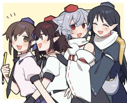 4girls :d ^_^ animal_ears black_bow black_bowtie black_hair black_necktie blue_dress blue_hat bow bowtie bridal_gauntlets brown_eyes brown_hair closed_eyes collared_shirt commentary_request cowboy_shot dress grey_dress grey_hat hand_on_another&#039;s_shoulder hat himekaidou_hatate holding holding_phone iizunamaru_megumu inubashiri_momiji long_hair long_sleeves looking_at_viewer medium_hair multiple_girls necktie notice_lines open_mouth phone pointy_ears pom_pom_(clothes) purple_hat red_eyes red_hat sakic43899 scarf shameimaru_aya shirt sleeveless sleeveless_shirt smile tail tie_clip touhou white_scarf white_shirt white_sleeves wide_sleeves wolf_ears wolf_girl wolf_tail