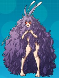 Rule 34 | 1girl, absurdly long hair, absurdres, antennae, arms up, arthropod girl, artist name, breasts, character profile, compound eyes, creatures (company), fangs, full body, furry, game freak, gen 1 pokemon, highres, horns, joints, kinkymation, long hair, looking at viewer, nintendo, open mouth, personification, pokemon, purple hair, red eyes, resized, simple background, standing, third-party edit, venonat, very long hair