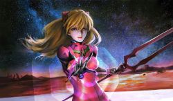 Rule 34 | 1girl, at field, bident, blonde hair, bodysuit, bracer, breasts, closed mouth, crossing, floating hair, foreshortening, gloves, hair between eyes, headgear, highres, holding, holding weapon, lance of longinus (evangelion), lcl, light smile, lips, long hair, looking at viewer, nebula, neon genesis evangelion, night, night sky, orange hair, outdoors, outstretched arm, pilot suit, plugsuit, polearm, red lips, ruins, sky, small breasts, smile, smirk, solo, souryuu asuka langley, star (sky), starry sky, the end of evangelion, turtleneck, upper body, weapon
