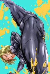 Rule 34 | 1girl, abs, blonde hair, bodysuit, breasts, daraz, dynamic pose, feet out of frame, high kick, highres, kicking, leg lift, muscular, muscular female, noria (one-punch man), one-punch man, open mouth, paint splatter, short hair, skin tight, solo, split, teeth, thighs, upper teeth only, yellow eyes