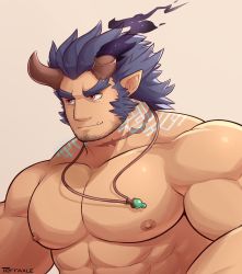 Rule 34 | 1boy, bara, blue hair, dark blue hair, demon boy, facial hair, fang, fiery horns, highres, horns, jewelry, large pectorals, long sideburns, male focus, manly, muscular, necklace, pectorals, red eyes, scar, short hair, sideburns, solo, stubble, takemaru (housamo), terraxle, thick eyebrows, tokyo houkago summoners, topless male, upper body