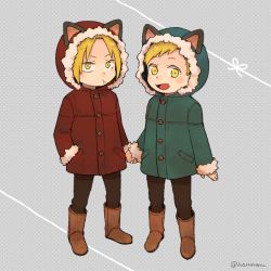 Rule 34 | 2boys, aged down, alphonse elric, animal ears, arm at side, blonde hair, boots, brothers, brown footwear, brown pants, cat ears, child, closed mouth, coat, dot nose, edward elric, fake animal ears, full body, fullmetal alchemist, fur-trimmed coat, fur-trimmed hood, fur boots, fur trim, green coat, grey background, hand in pocket, happy, harune (haruneru), holding hands, hood, hood up, light blush, looking at viewer, male focus, multiple boys, open mouth, pants, polka dot, polka dot background, pout, red coat, ribbon, siblings, side-by-side, simple background, standing, swept bangs, tareme, tsurime, twitter username, ugg boots, v-shaped eyebrows, yellow eyes