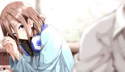 Rule 34 | 1boy, 1girl, aqua cardigan, blue cardigan, blue eyes, blush, brown hair, cardigan, closed mouth, collared shirt, commentary request, day, desk, dress shirt, eraser, fuu (fuore), go-toubun no hanayome, hair between eyes, head tilt, headphones, headphones around neck, highres, holding, holding pencil, indoors, leaning, leaning forward, light rays, long hair, looking at another, nakano miku, own hands together, paper, pencil, school desk, shirt, shy, sidelocks, sitting, swept bangs, uesugi fuutarou, white shirt, window