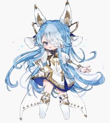 Rule 34 | 1girl, :3, animal ears, armored boots, azur lane, blue eyes, blue hair, blush, boots, cropped torso, dress, gjvdrs 963, gradient hair, grey background, hair over one eye, hand on own hip, highres, light blue hair, long hair, long sleeves, looking at viewer, maille-breze (azur lane), multicolored hair, parted lips, puffy long sleeves, puffy sleeves, simple background, solo, thigh boots, thighhighs, very long hair, white dress, white footwear