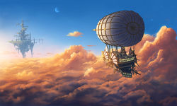 Rule 34 | above clouds, aircraft, airship, blue sky, cloud, cloudy sky, commentary request, crescent moon, doora (dora0913), fantasy, floating island, moon, multiple moons, original, outdoors, scenery, sky, star (sky), starry sky, tower, vehicle focus