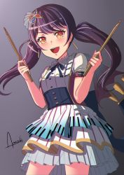 Rule 34 | 1girl, amasaki yusuke, artist name, bang dream!, black hair, brown eyes, drumsticks, futaba tsukushi, gradient background, highres, holding, holding drumsticks, looking at viewer, open mouth, signature, smile, solo, twintails