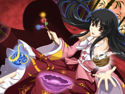 Rule 34 | 1girl, bamboo, black hair, bowl, branch, brown eyes, cape, cowry shell, female focus, floating, floating object, full moon, glowing, highres, hime cut, houraisan kaguya, japanese clothes, jeweled branch of hourai, long hair, moon, night, open mouth, red moon, robe, skirt, smile, solo, touhou, zqhzx