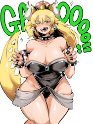 Rule 34 | +++, 1girl, alternate breast size, armlet, bare shoulders, black collar, black leotard, black nails, blonde hair, bowsette, bracelet, breasts, bright pupils, cleavage, collar, collarbone, colored eyelashes, crown, curvy, earrings, eyelashes, fangs, fingernails, forked eyebrows, gao, grey horns, groin, half-closed eyes, hands up, highleg, highleg leotard, highres, horns, huge breasts, jewelry, leotard, long hair, looking at viewer, mario (series), nail polish, new super mario bros. u deluxe, nintendo, one-hour drawing challenge, open mouth, parted bangs, pointy ears, red hair, sharp fingernails, shiny skin, simple background, smile, solo, spiked armlet, spiked bracelet, spiked collar, spiked tail, spikes, strapless, strapless leotard, super crown, tail, tannkobuiwa, v-shaped eyebrows, white background, white pupils, wide hips