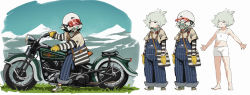 Rule 34 | 1girl, bandana, bandana over mouth, black eyes, blue overalls, blue sky, boxers, bra, closed mouth, covered mouth, day, driving, gloves, grass, grey hair, grey shirt, helmet, highres, looking at viewer, male underwear, medium hair, midriff, motor vehicle, motorcycle, motorcycle helmet, multiple views, navel, original, outdoors, overalls, shirt, sky, smile, striped overalls, training bra, underwear, waterkuma, white background, white bra, white male underwear, yellow gloves
