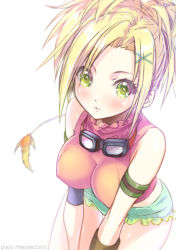 Rule 34 | 00s, 1girl, arm strap, armband, artist name, bad id, bad pixiv id, blonde hair, blush, breasts, cowboy shot, covered erect nipples, feathers, final fantasy, final fantasy x, goggles, goggles around neck, green eyes, hair ornament, hairclip, impossible clothes, impossible shirt, large breasts, leaning forward, long hair, looking at viewer, pecorin, rikku (ff10), shirt, short shorts, shorts, sleeveless, solo, symbol-shaped pupils, watermark, web address, white background, x hair ornament