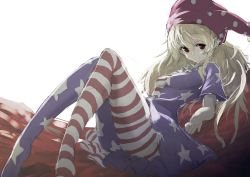 Rule 34 | 1girl, absurdres, american flag dress, american flag legwear, american flag shirt, blonde hair, blue pantyhose, blush, clownpiece, fairy wings, hat, highres, jester cap, long hair, looking at viewer, lying, muted color, orange eyes, pantyhose, red pantyhose, smile, solo, star (symbol), striped clothes, striped pantyhose, thighhighs, touhou, watchi, white background, wings