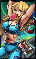 Rule 34 | 1girl, abs, armor, blonde hair, blue eyes, bread, breasts, food, gun, highres, large breasts, long hair, looking at viewer, metroid, metroid dread, mole, mole under mouth, muscular, muscular female, nintendo, ponytail, samus aran, science fiction, simple background, solo, stoic seraphim, tank top, upper body, weapon