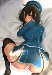 Rule 34 | 1girl, absurdres, alternate eye color, ass, bed, bed sheet, beret, black gloves, black hair, black thighhighs, blue hat, blush, breasts, chestnut mouth, from above, full body, garter straps, gloves, green eyes, hat, highres, huge ass, kantai collection, large breasts, lips, looking at viewer, microskirt, military, military uniform, miniskirt, narrow waist, panties, pink lips, sarfata, short hair, skirt, takao (kancolle), thighhighs, thighs, underwear, uniform, white panties, wide hips