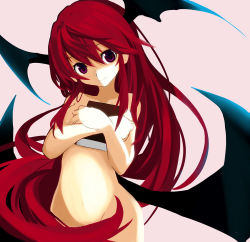 Rule 34 | 1girl, bat wings, book, hugging book, censored, convenient censoring, covering privates, embodiment of scarlet devil, female focus, gintarou (kurousagi108), hair over breasts, head tilt, head wings, holding, holding book, hugging object, koakuma, long hair, low wings, nude, nude cover, pink background, purple eyes, red hair, simple background, smile, solo, touhou, very long hair, wings