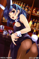 Rule 34 | 1girl, alcohol, animal ears, ass, back-seamed legwear, bare shoulders, black pantyhose, blue hair, blush, bottle, clothes lift, crotch, fake animal ears, from behind, hairband, highres, leotard, looking back, misaki kurehito, nail polish, open mouth, original, pantyhose, playboy bunny, purple eyes, rabbit ears, rabbit tail, seamed legwear, short hair, skirt, skirt lift, smile, solo, tail, tailcoat, waitress, wet, wrist cuffs