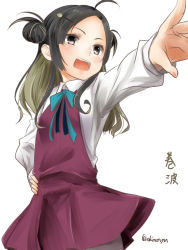 Rule 34 | 1girl, ahoge, akino shuu, black hair, blue bow, bow, brown hair, collared shirt, double bun, dress, forehead, grey eyes, grey pantyhose, hair bun, hair ornament, hairclip, hand on own hip, kantai collection, long hair, long sleeves, looking away, makinami (kancolle), multicolored hair, outstretched arm, pantyhose, parted bangs, pleated dress, purple dress, shirt, simple background, sleeveless, sleeveless dress, solo, translation request, twitter username, two-tone hair, white background, white shirt