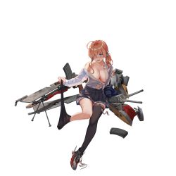 Rule 34 | 1girl, ahoge, backlighting, black thighhighs, blue eyes, blush, breasts, brown hair, cleavage, collarbone, gun, large breasts, long hair, looking at viewer, loose thighhigh, machine gun, magazine (weapon), mogami (warship girls r), navel, no bra, off shoulder, official art, open mouth, pleated skirt, rigging, shoes, side ponytail, single shoe, skirt, sneakers, solo, thighhighs, transparent background, undressing, warship girls r, weapon, zi se