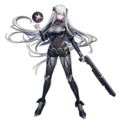 Rule 34 | 1girl, :p, beak (girls&#039; frontline), black bodysuit, black footwear, black shorts, black thighhighs, bodysuit, breasts, cleavage cutout, clothing cutout, covered navel, drone, eyebrows, full body, garter straps, girls&#039; frontline, gradient hair, grey hair, gun, hair between eyes, hair ornament, holding, holding gun, holding weapon, large breasts, long hair, looking at viewer, multicolored hair, nail polish, navel, official art, open hand, pale skin, pink eyes, sangvis ferri, shoes, shorts, solo, thighhighs, tongue, tongue out, transparent background, v-shaped eyebrows, weapon