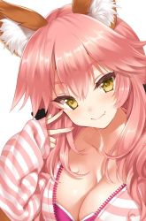 Rule 34 | 10s, 1girl, animal ears, black scrunchie, blush, breasts, cle masahiro, cleavage, collarbone, commentary request, fang, fate/extra, fate/extra ccc, fate (series), fox ears, hand gesture, large breasts, long hair, nail polish, official alternate costume, pink hair, pink nails, pink sweater, scrunchie, sidelocks, simple background, smile, solo, striped clothes, striped sweater, sweater, tamamo (fate), tamamo no mae (fate/extra), tamamo no mae (spring casual) (fate), w, white background, yellow eyes, zipper
